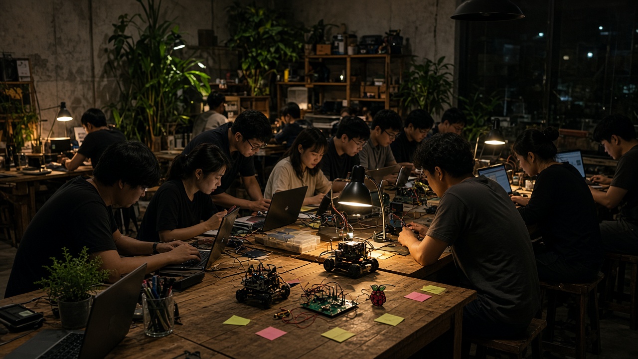 Une petite salle le soir, des gens construisent côte à côte sur des portables et un minuscule robot.