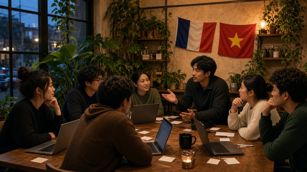 Un groupe mixte dans une pièce chaude, portables et cartes vierges, en train de parler.