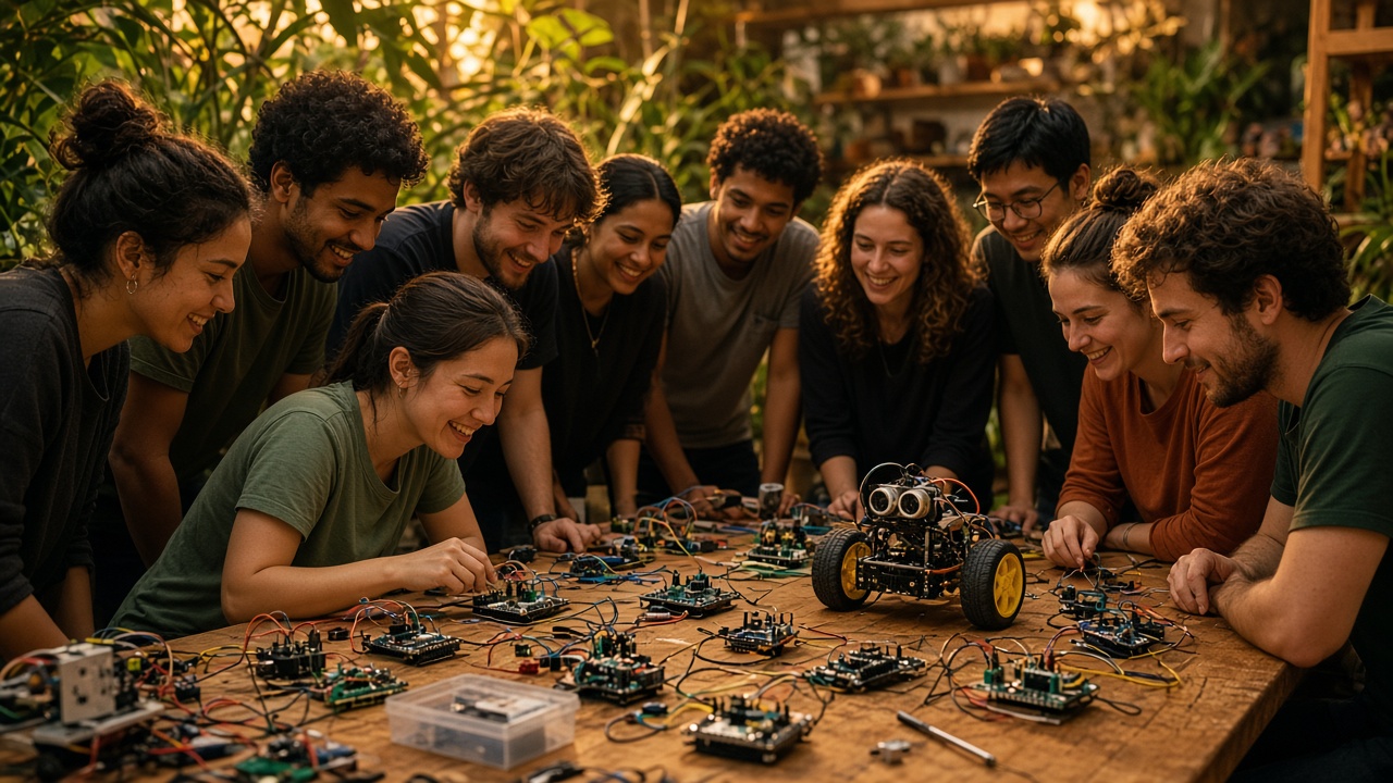 Des gens penchés sur une table de petites cartes, fils, moteurs et un robot à roues.