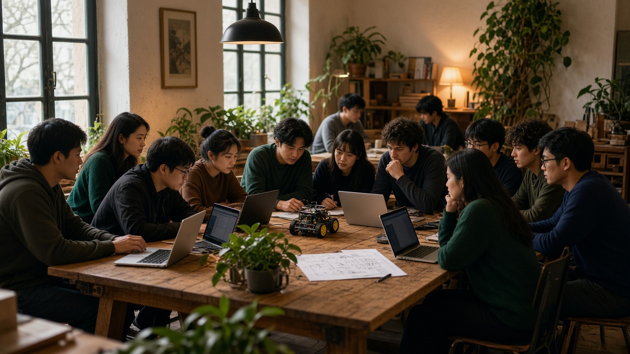 Un petit atelier du soir : des gens autour de tables, portables, un robot et un schéma.