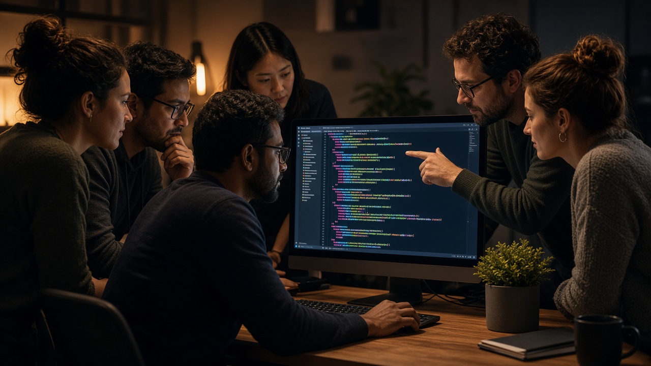 Un petit groupe relit du code ensemble sur un écran.