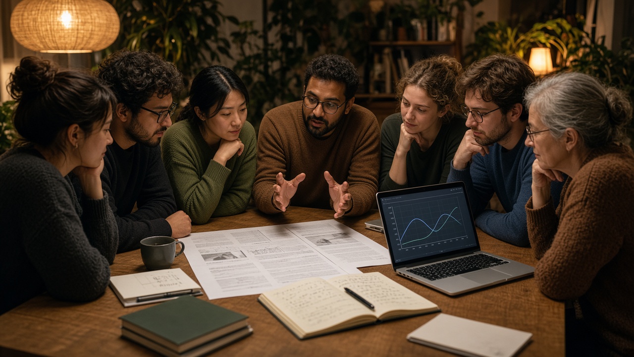 Des gens autour d’une table avec un article, un carnet et un graphique sur un portable.